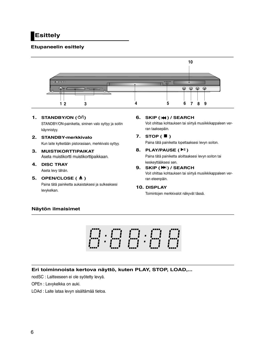 Samsung DVD-P560/XEE manual Esittely, Etupaneelin esittely, Aseta muistikortti muistikorttipaikkaan, Muistikorttipaikat 