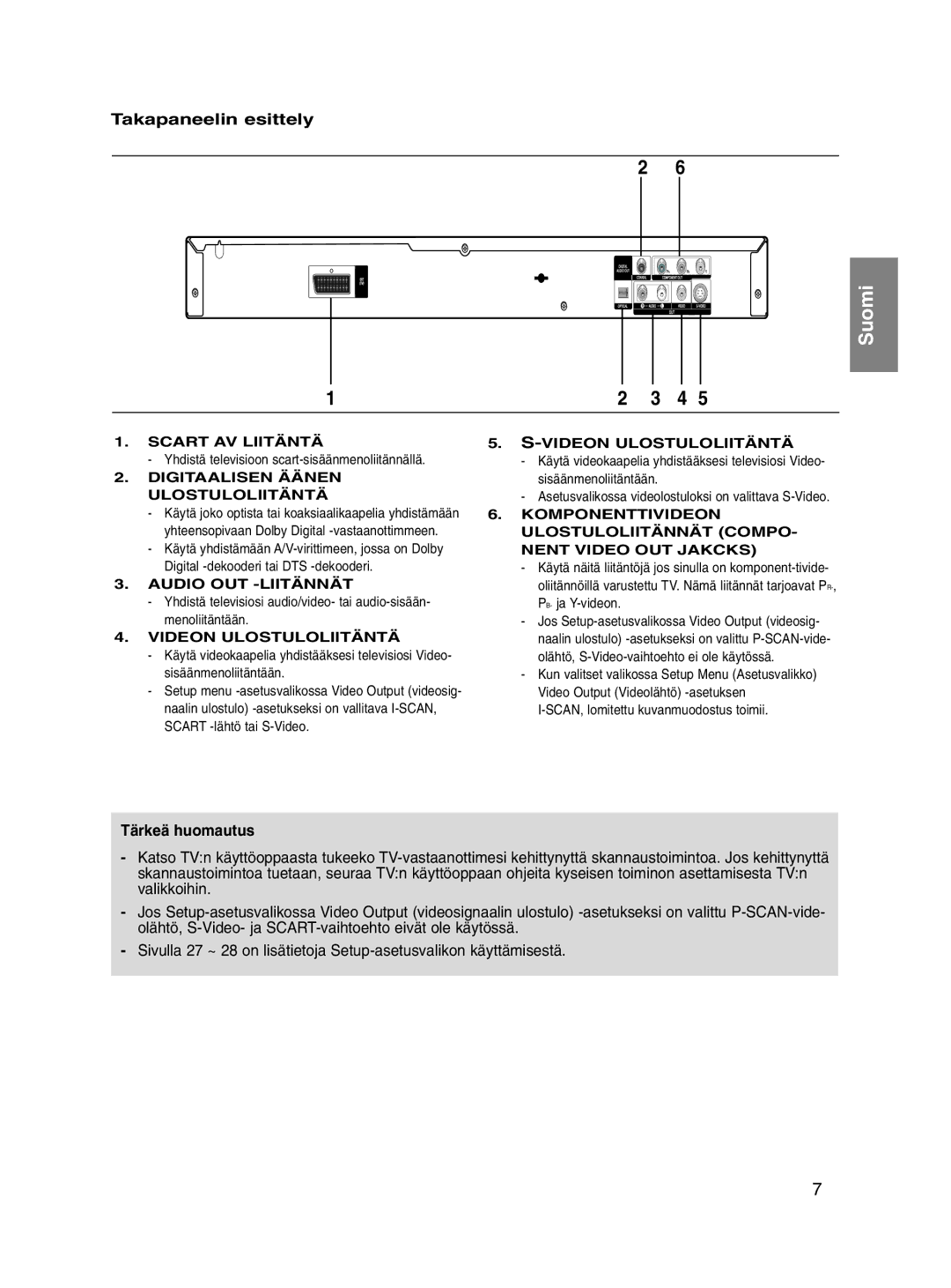 Samsung DVD-P560/XEE manual Takapaneelin esittely, Tärkeä huomautus 