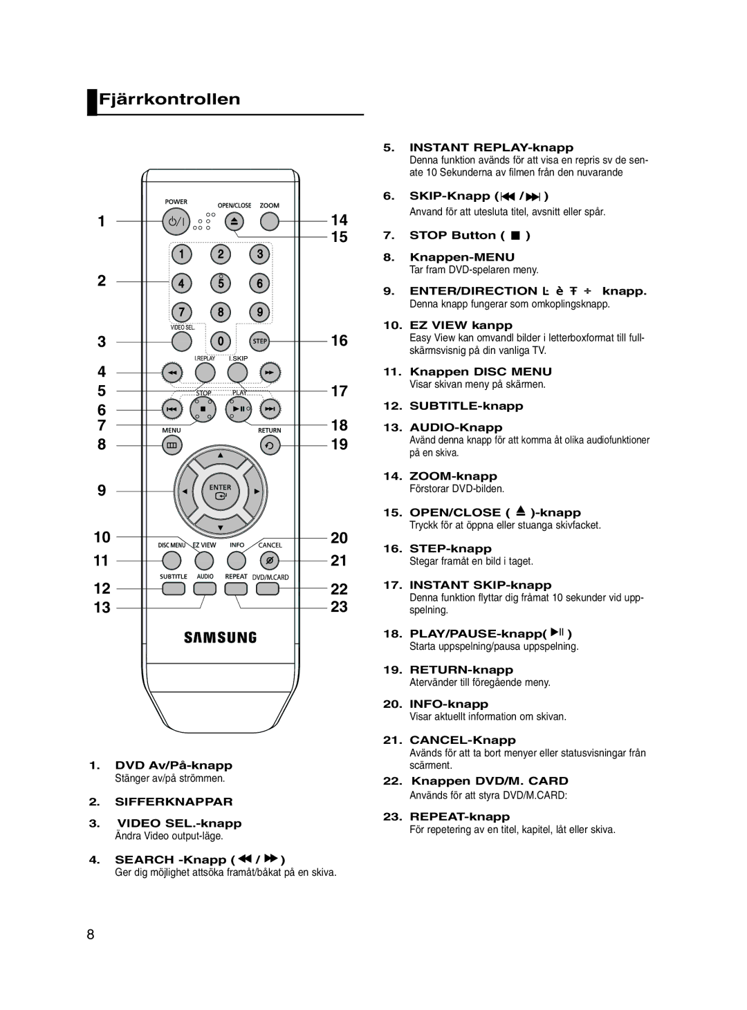 Samsung DVD-P560/XEE manual Fjärrkontrollen, Sifferknappar 