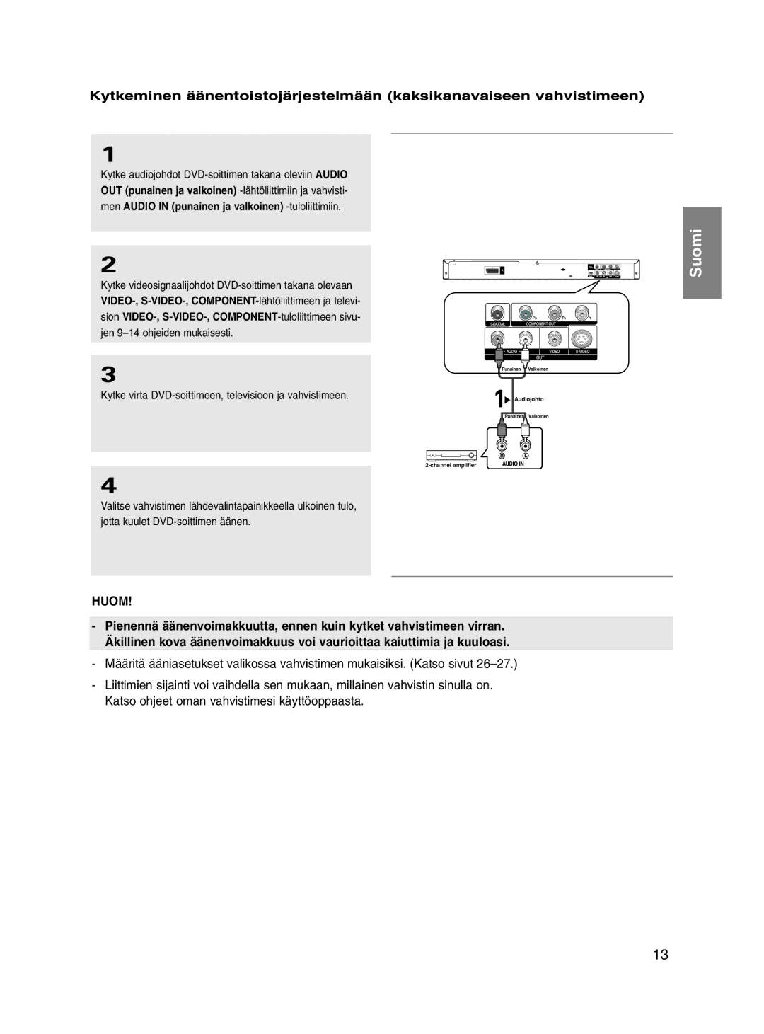 Samsung DVD-P560/XEE manual Kytke virta DVD-soittimeen, televisioon ja vahvistimeen 