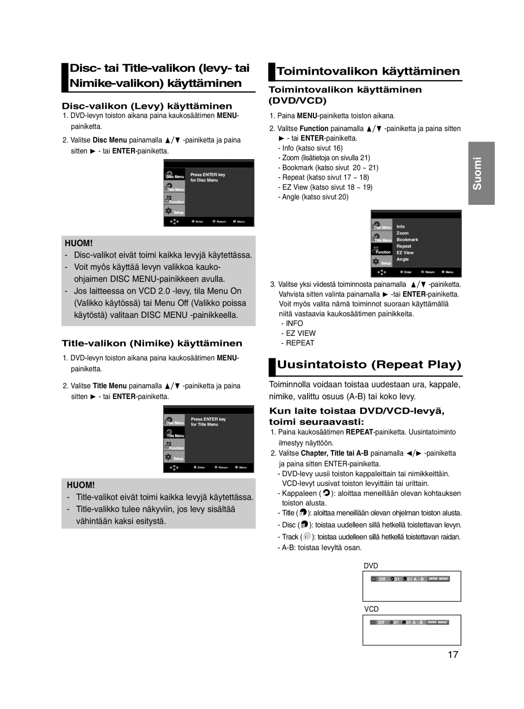 Samsung DVD-P560/XEE manual Toimintovalikon käyttäminen, Uusintatoisto Repeat Play, Disc-valikon Levy käyttäminen 