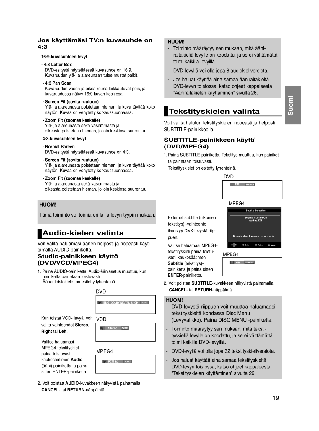 Samsung DVD-P560/XEE manual Tekstityskielen valinta, Audio-kielen valinta, SUBTITLE-painikkeen käyttï DVD/MPEG4 