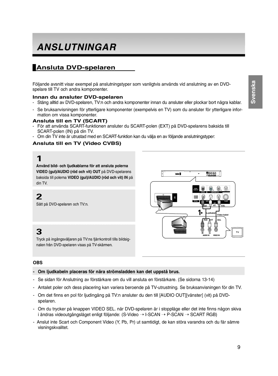 Samsung DVD-P560/XEE manual Anslutningar, Ansluta DVD-spelaren, Obs 