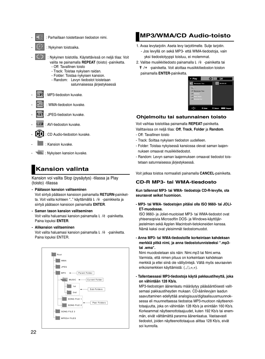 Samsung DVD-P560/XEE manual Kansion valinta, MP3/WMA/CD Audio-toisto, Ohjelmoitu tai satunnainen toisto 