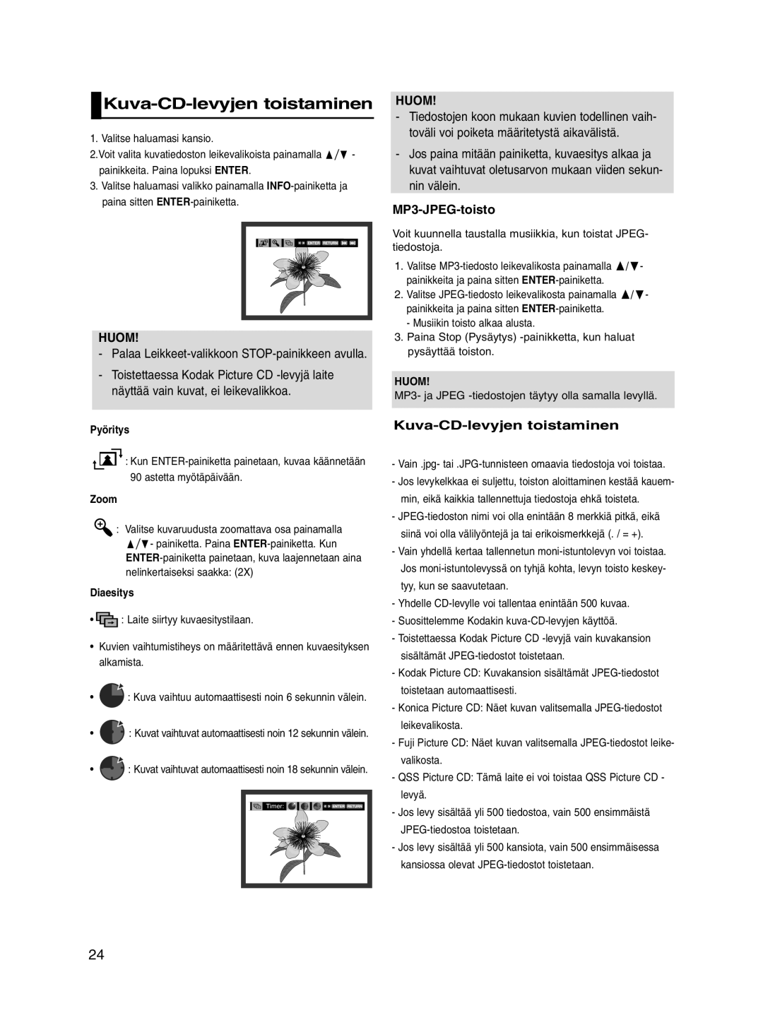 Samsung DVD-P560/XEE manual Kuva-CD-levyjen toistaminen, MP3-JPEG-toisto, Huom 