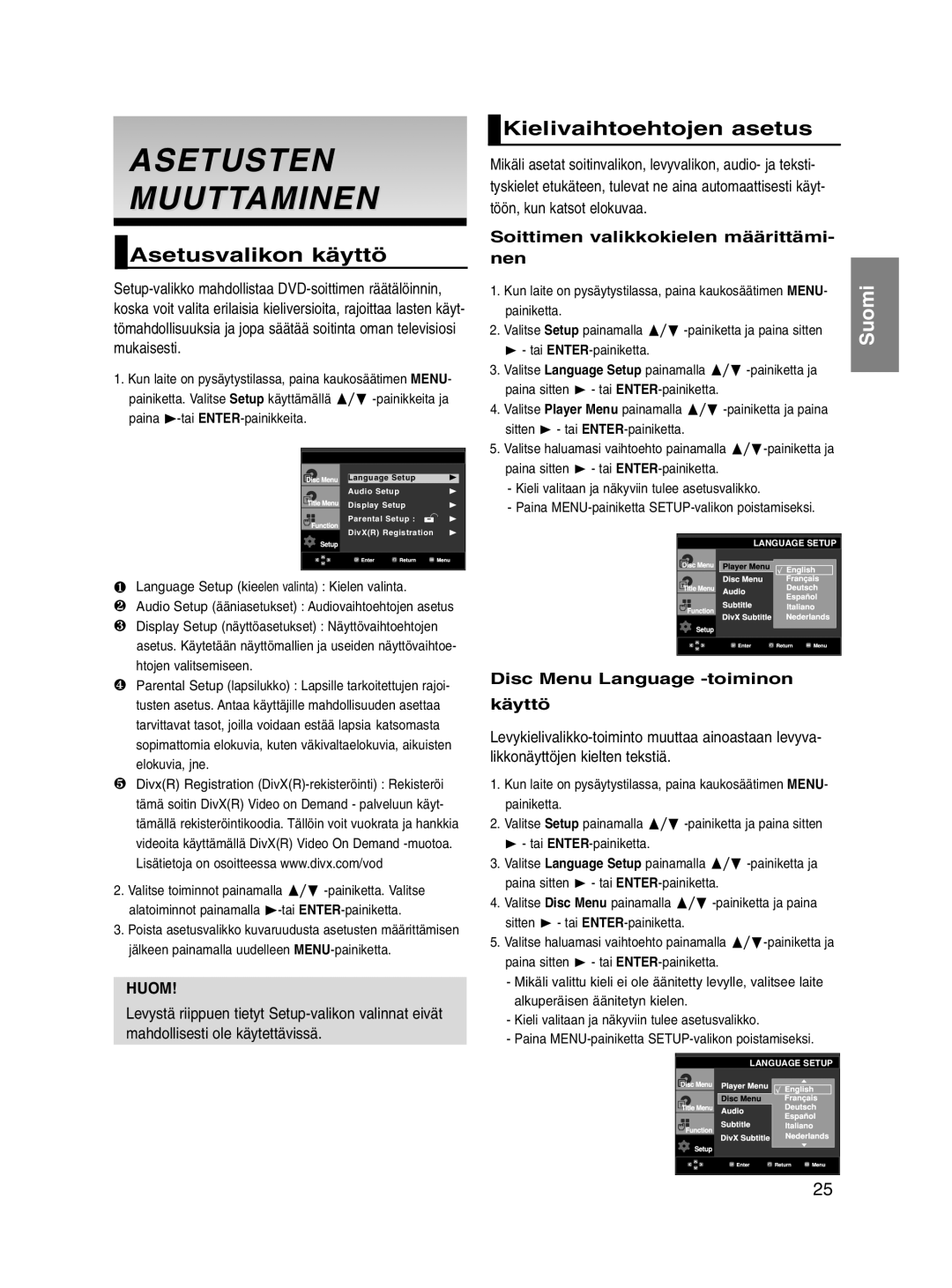 Samsung DVD-P560/XEE manual Asetusten Muuttaminen, Asetusvalikon käyttö, Kielivaihtoehtojen asetus 