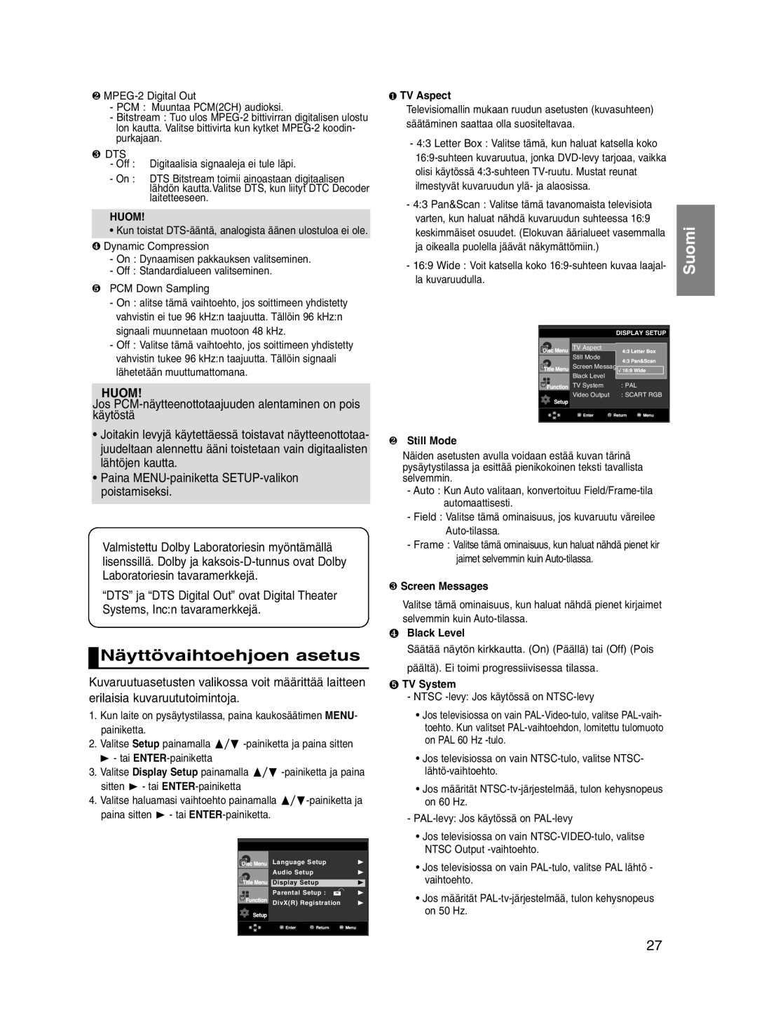 Samsung DVD-P560/XEE Näyttövaihtoehjoen asetus, Tai ENTER-painiketta Valitse Display Setup painamalla ,  -painiketta ja 