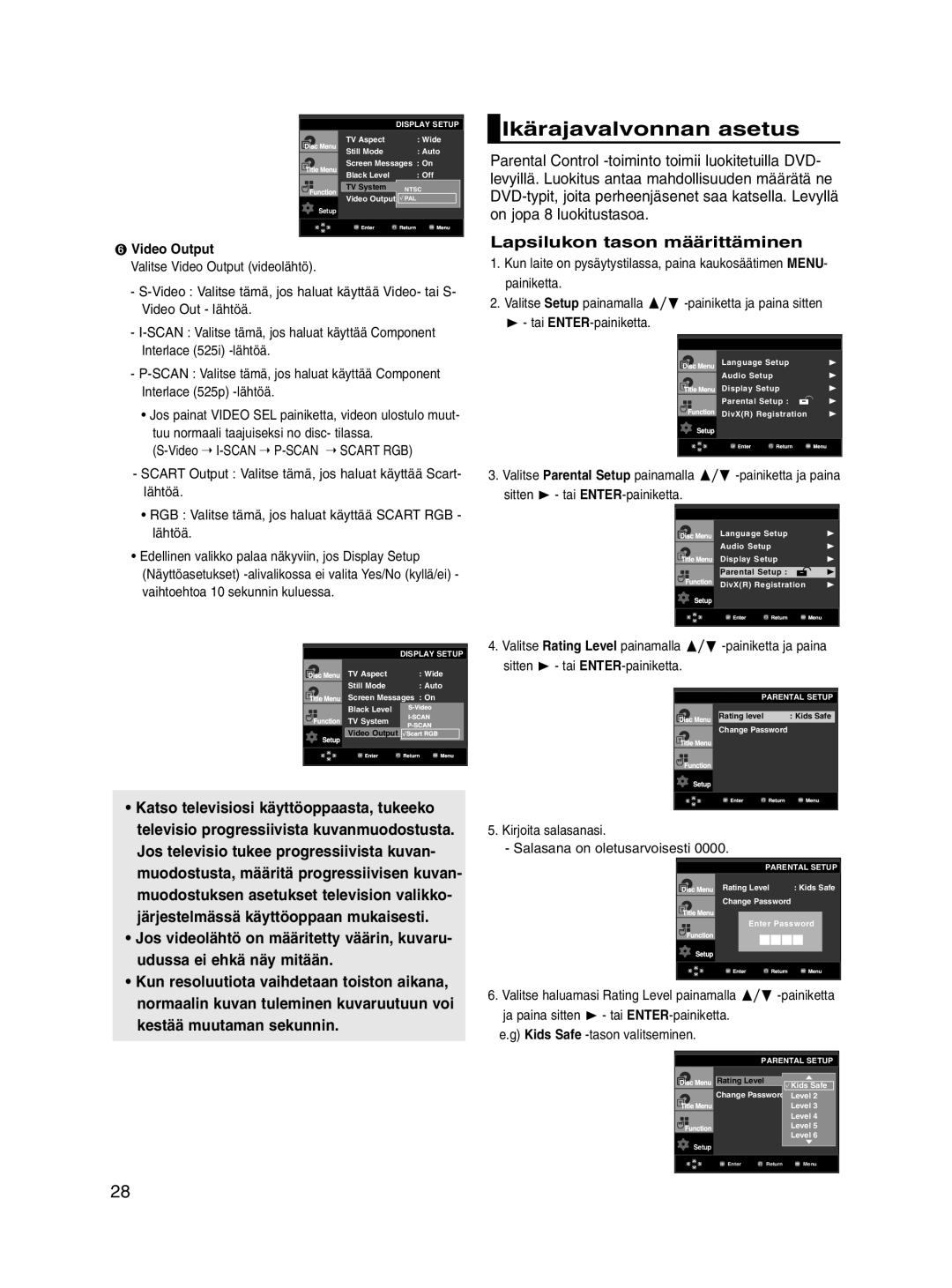 Samsung DVD-P560/XEE Ikärajavalvonnan asetus, Lapsilukon tason määrittäminen, Valitse Parental Setup painamalla, Sitten 