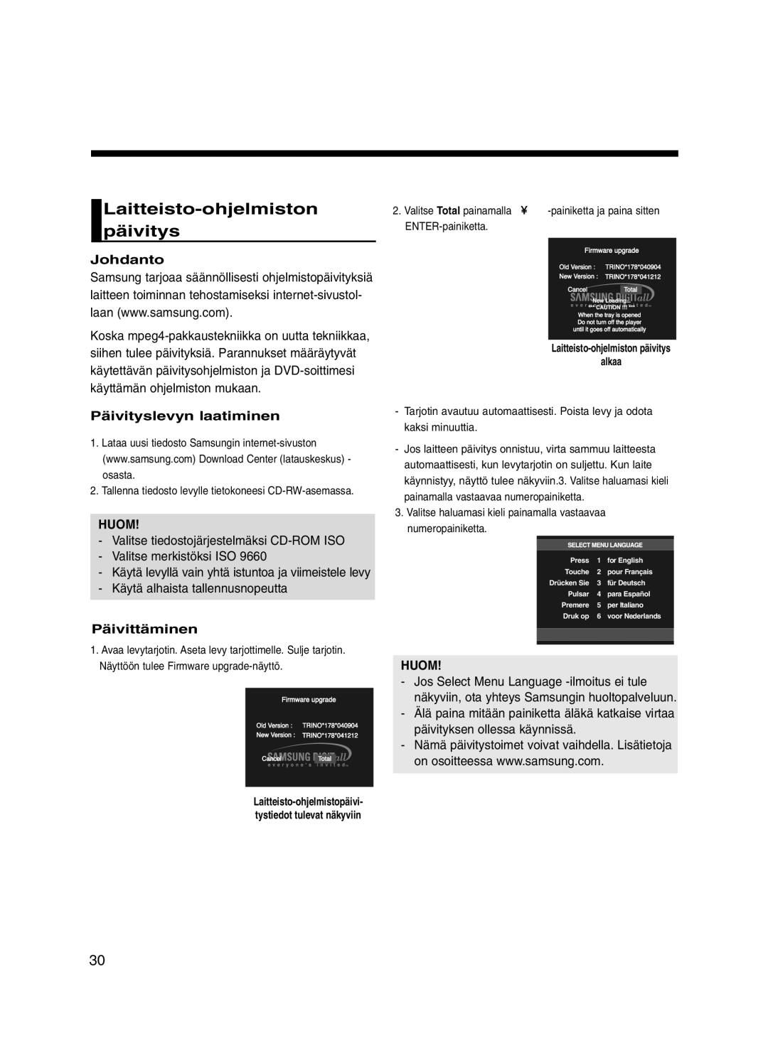 Samsung DVD-P560/XEE manual Lisäksi, Laitteisto-ohjelmiston päivitys, Johdanto, Päivityslevyn laatiminen, Päivittäminen 