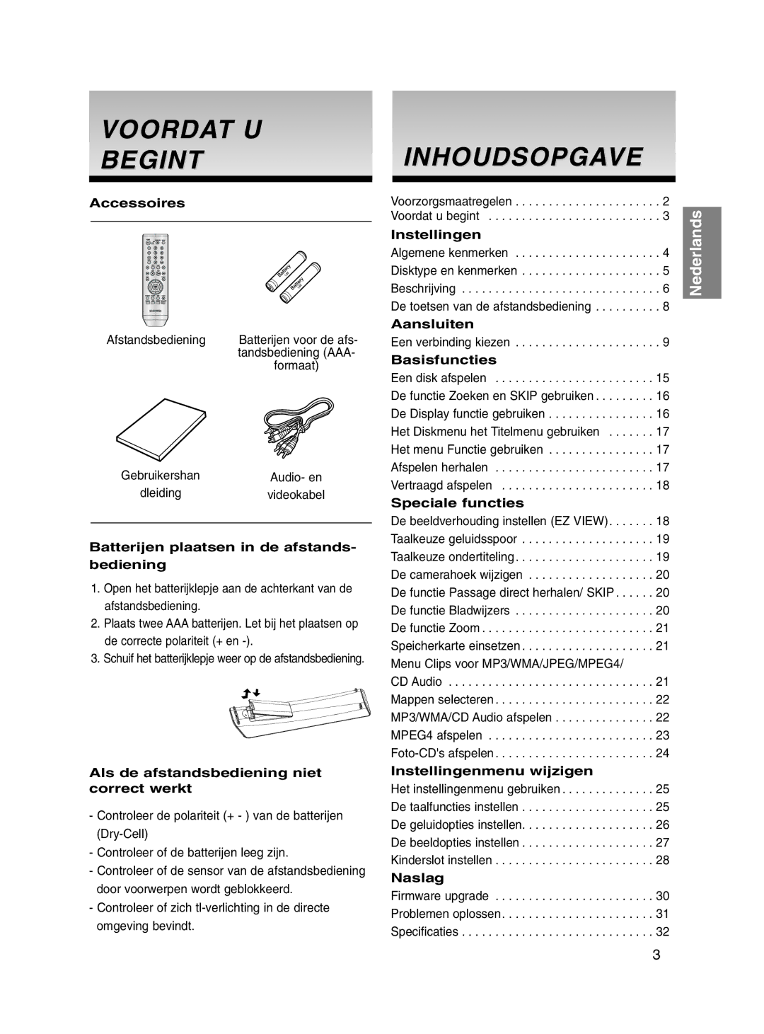 Samsung DVD-P560/XEL manual Voordat U Begint, Inhoudsopgave 