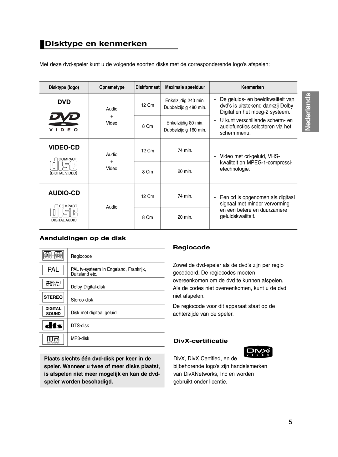 Samsung DVD-P560/XEL manual Disktype en kenmerken, Aanduidingen op de disk, Regiocode, DivX-certificatie 