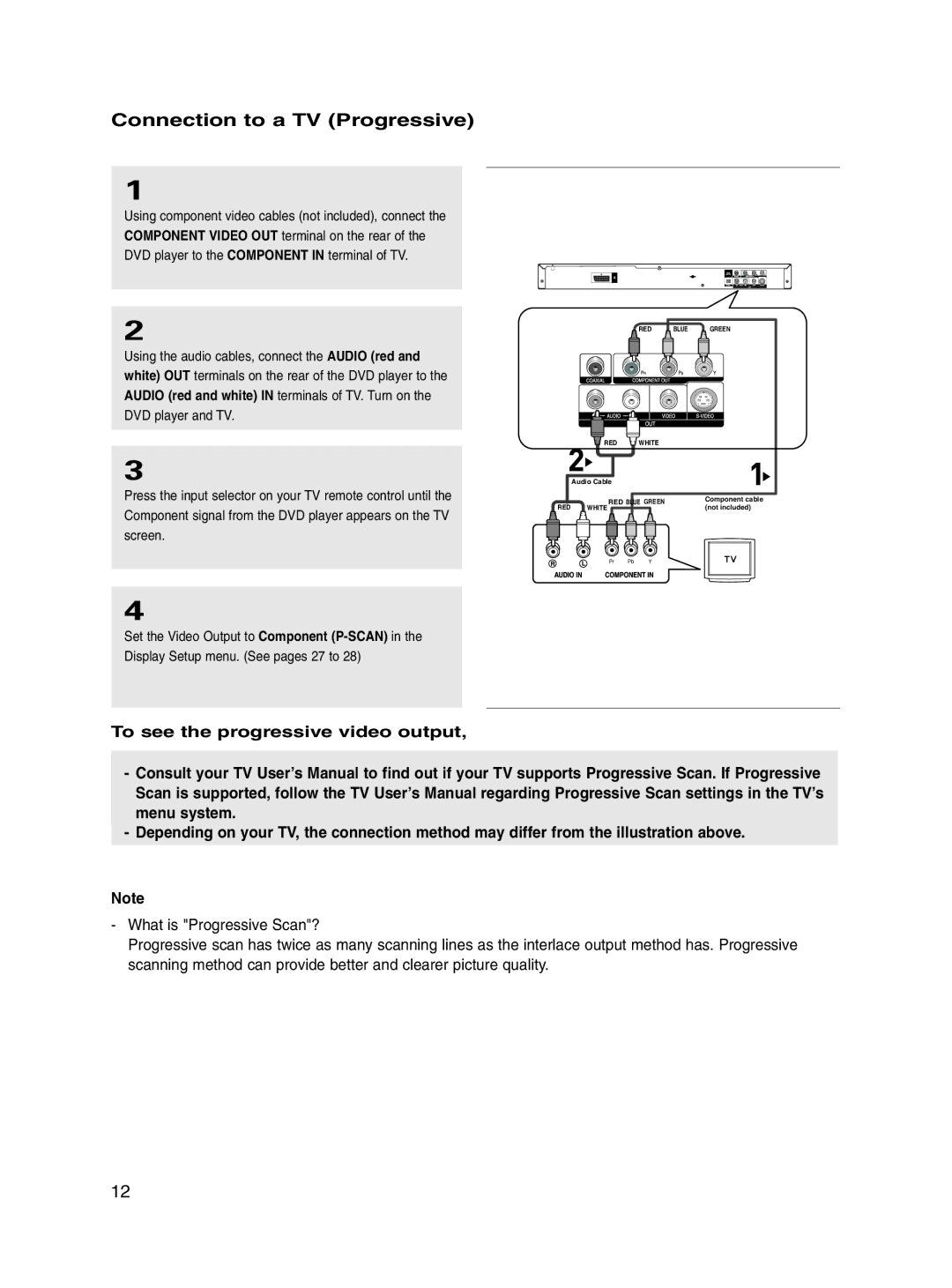 Samsung DVD-P560/XEL manual Connection to a TV Progressive, Input Function. And you have to set up the TV 