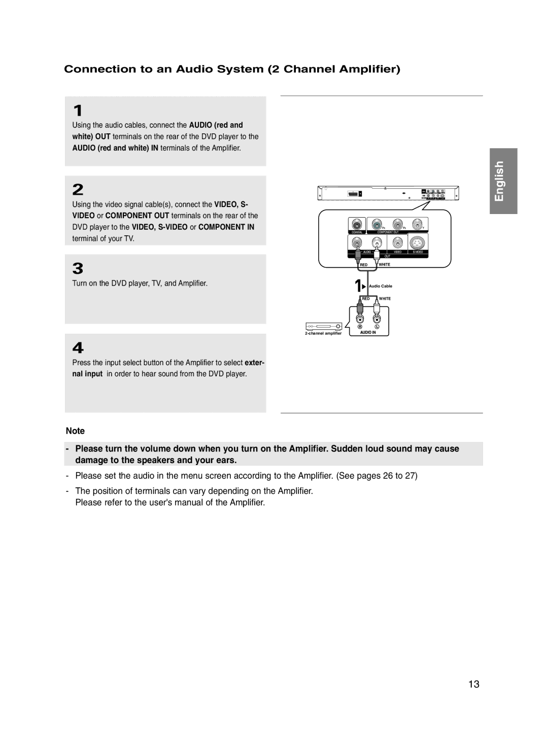 Samsung DVD-P560/XEL manual Connection to an Audio System 2 Channel Amplifier, Turn on the DVD player, TV, and Amplifier 