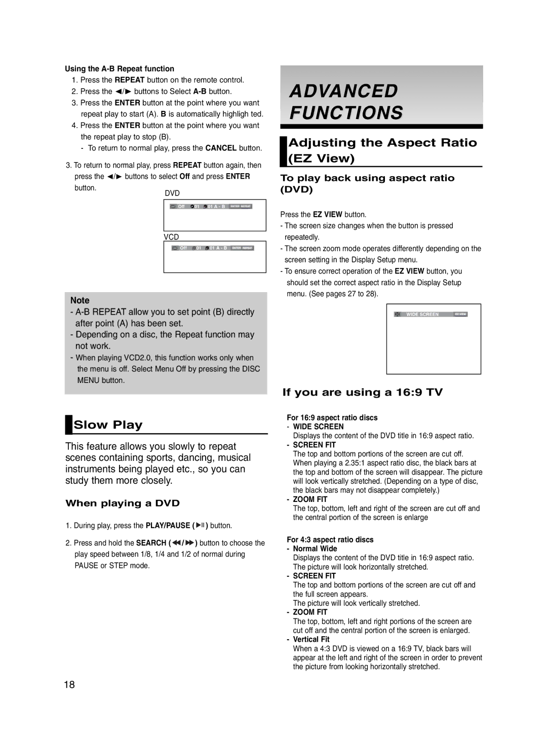 Samsung DVD-P560/XEL manual Advanced Functions, Slow Play, Adjusting the Aspect Ratio EZ View, If you are using a 169 TV 