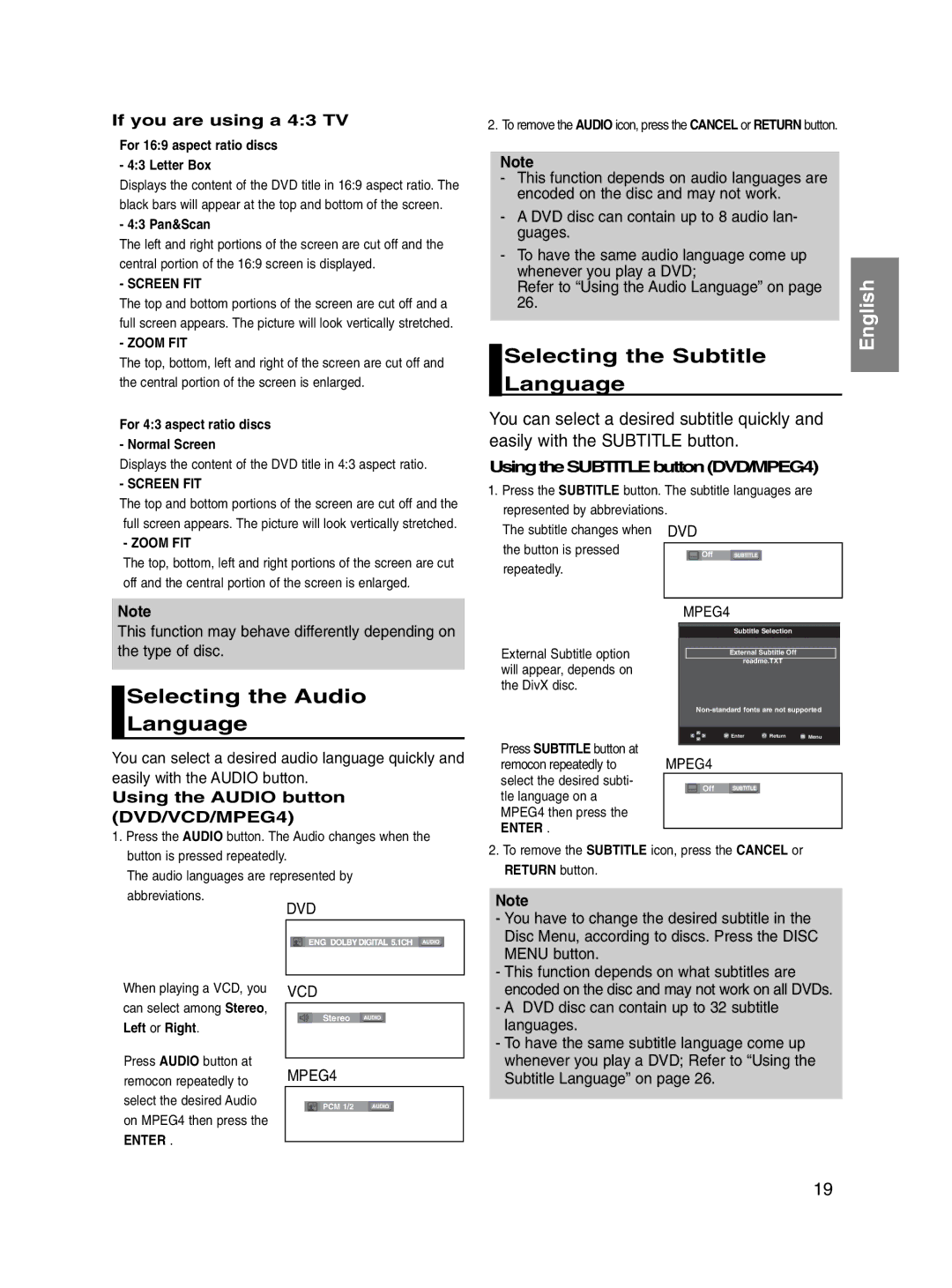 Samsung DVD-P560/XEL manual Selecting the Subtitle Language, Selecting the Audio Language, If you are using a 43 TV 