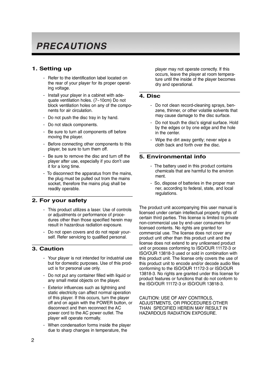 Samsung DVD-P560/XEL manual Precautions, Setting up, For your safety, Disc, Environmental info 