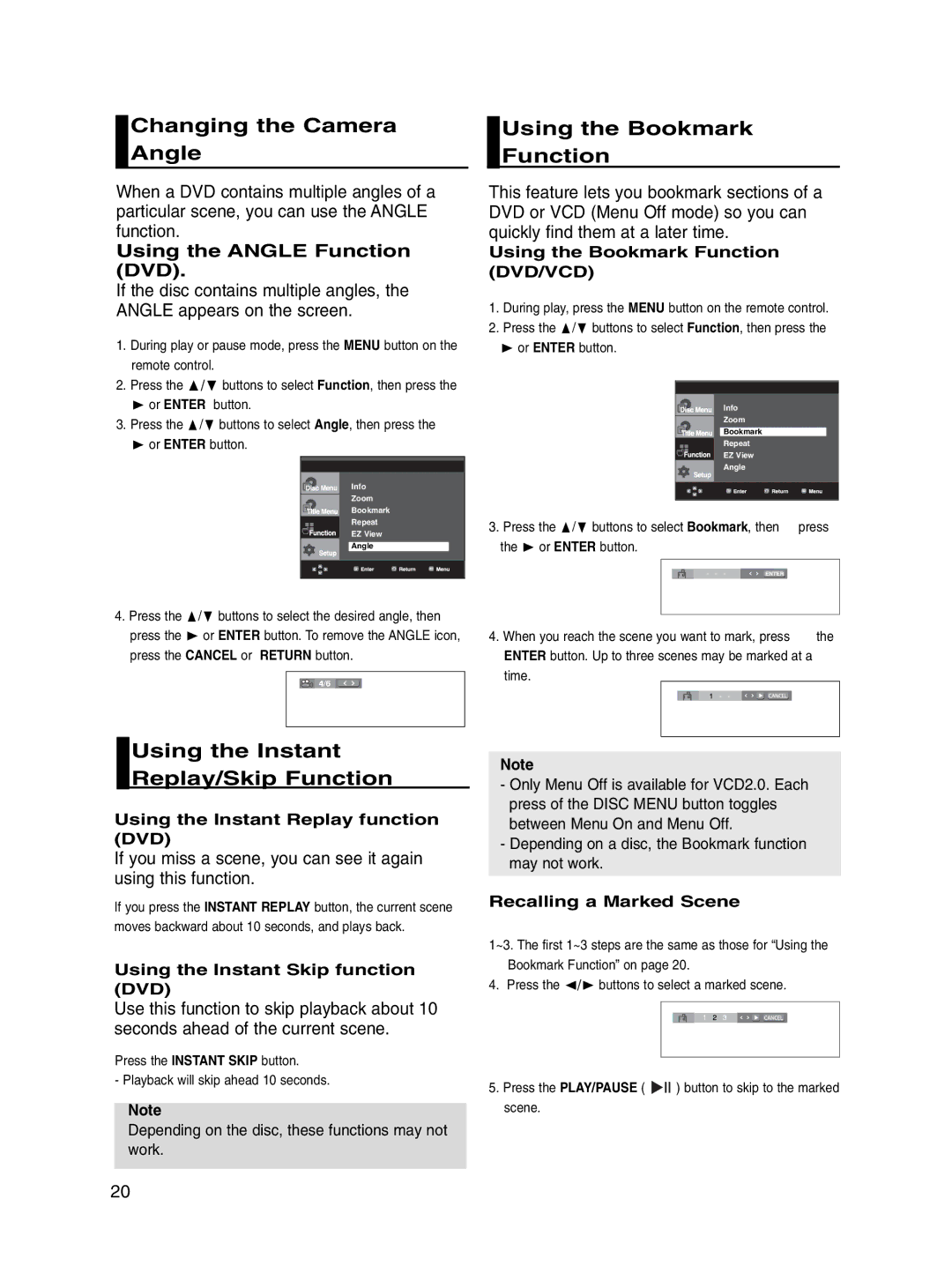 Samsung DVD-P560/XEL manual Changing the Camera Angle, Using the Bookmark Function, Using the Instant Replay/Skip Function 