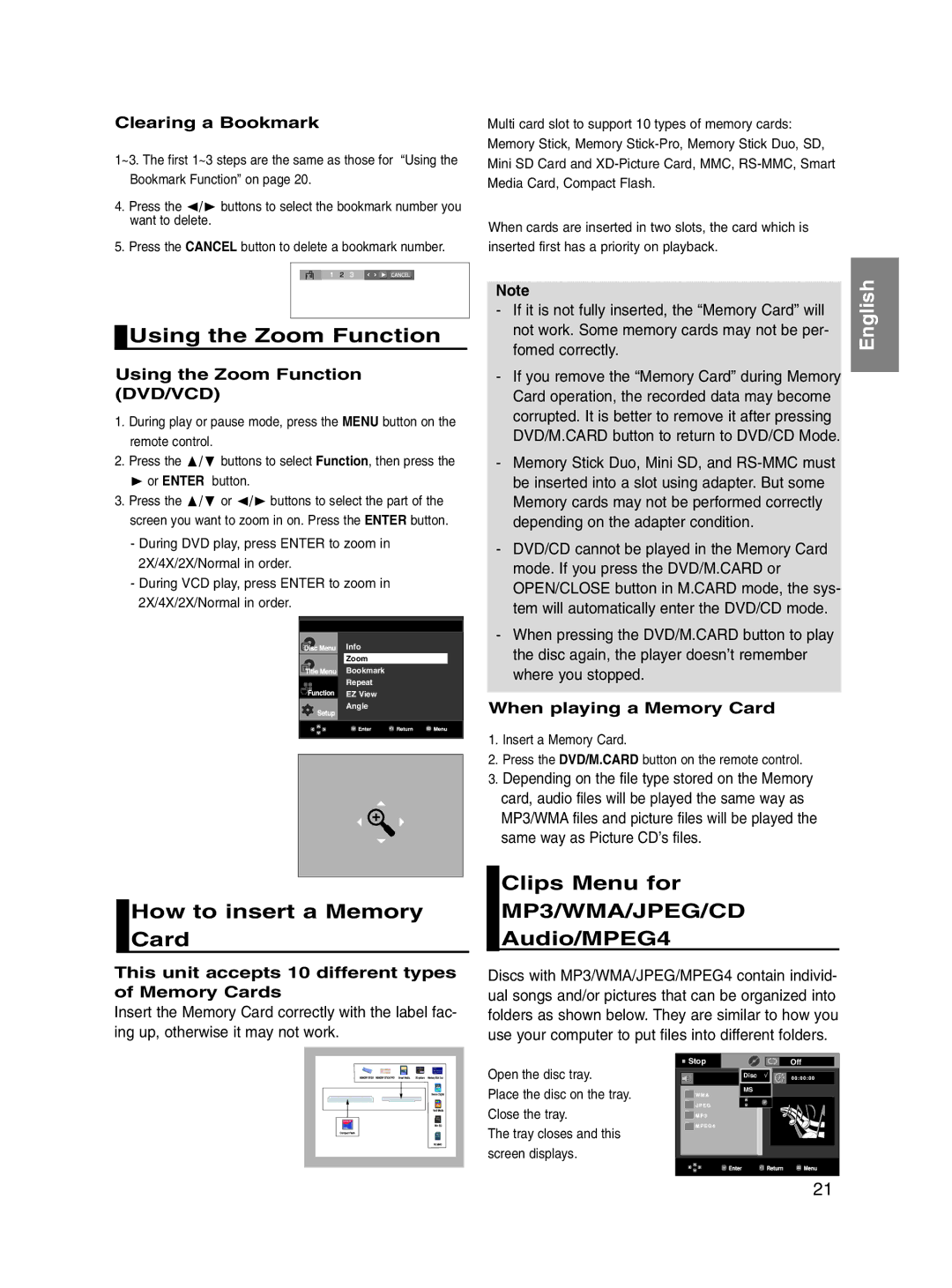 Samsung DVD-P560/XEL manual Using the Zoom Function, How to insert a Memory Card, Clips Menu for, Audio/MPEG4 