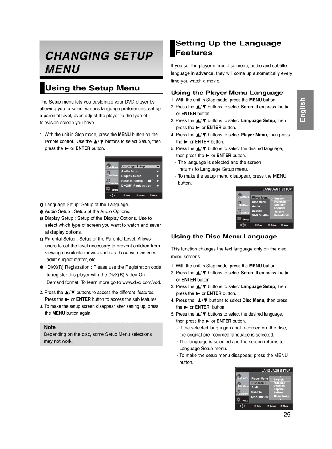 Samsung DVD-P560/XEL manual Changing Setup Menu, Using the Setup Menu, Setting Up the Language Features 