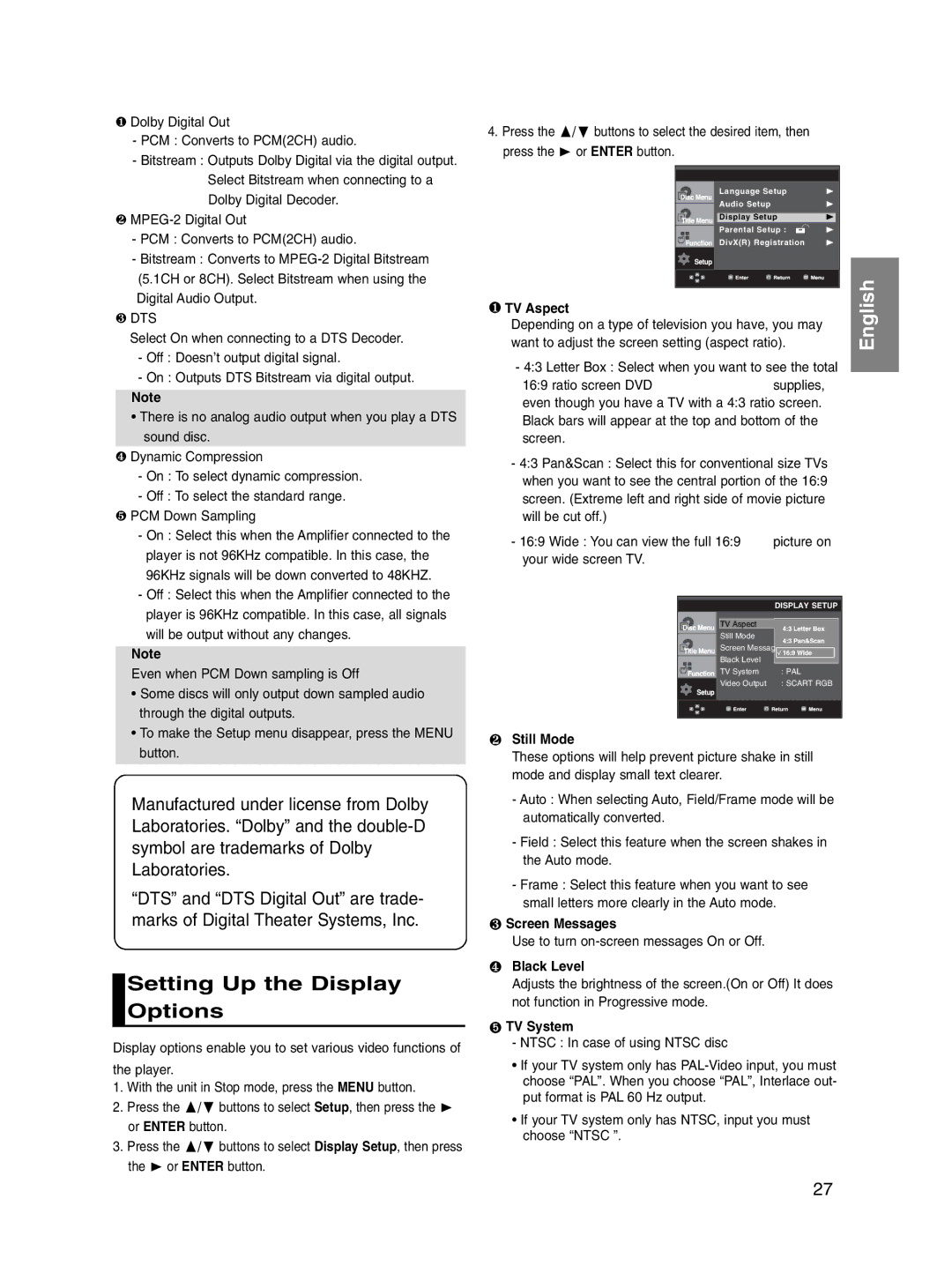 Samsung DVD-P560/XEL manual Setting Up the Display Options, ❷ Still Mode, ❸ Screen Messages, ❹ Black Level, ➎ TV System 