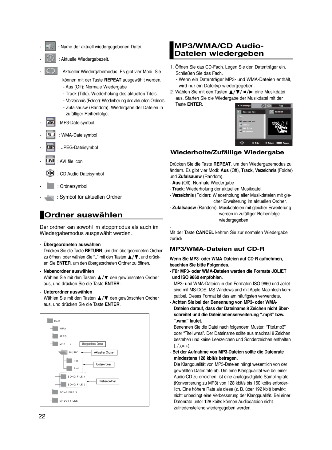 Samsung DVD-P560/XEL manual Ordner auswählen, MP3/WMA/CD Audio Dateien wiedergeben, Symbol für aktuellen Ordner 