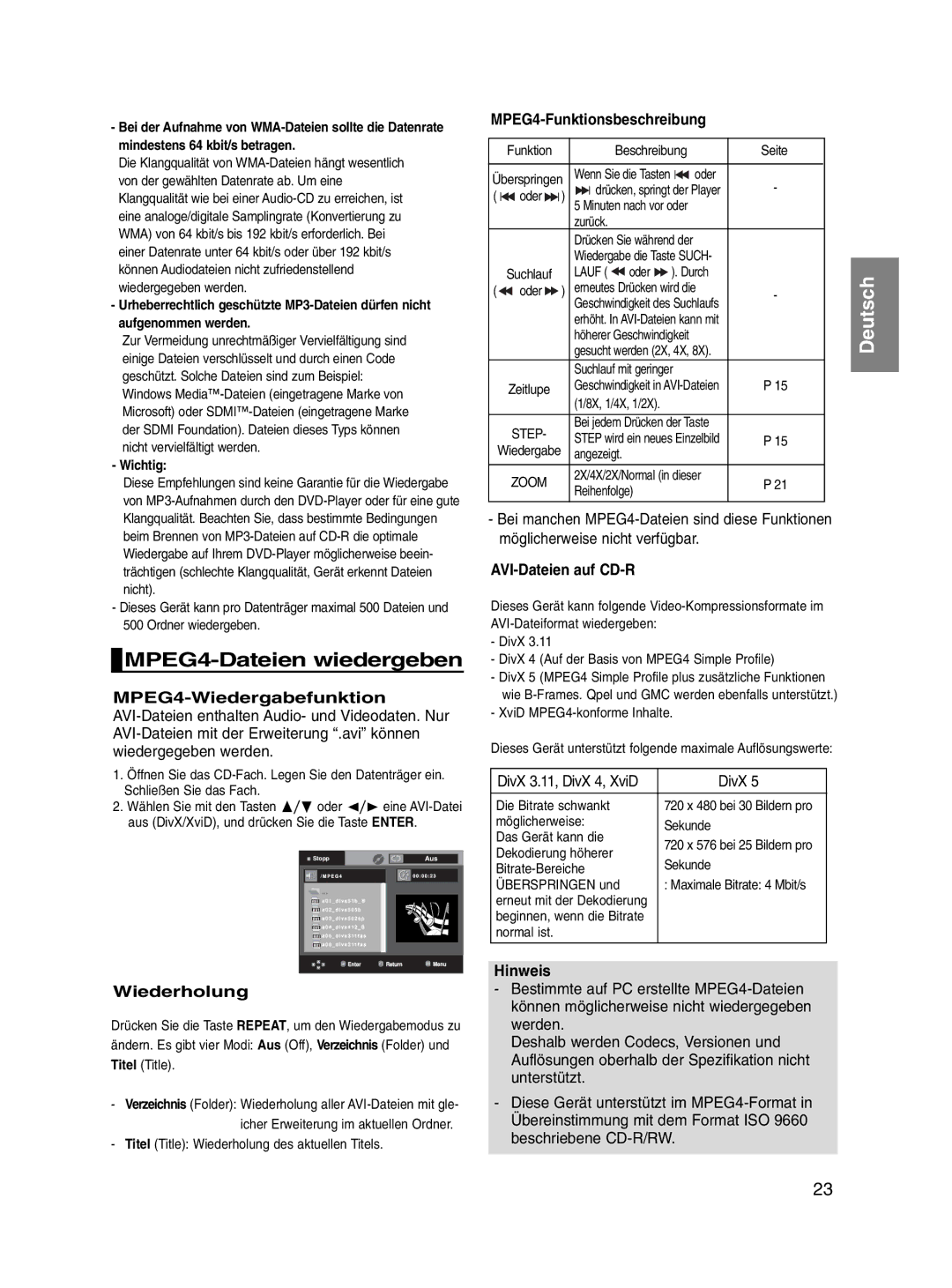 Samsung DVD-P560/XEL manual MPEG4-Dateien wiedergeben, MPEG4-Wiedergabefunktion, Wiederholung, MPEG4-Funktionsbeschreibung 