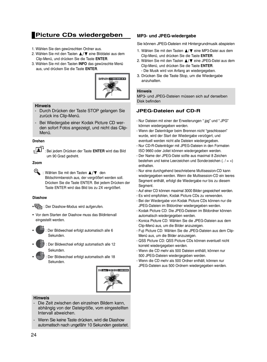 Samsung DVD-P560/XEL manual Picture CDs wiedergeben, MP3- und JPEG-wiedergabe, JPEG-Dateien auf CD-R 