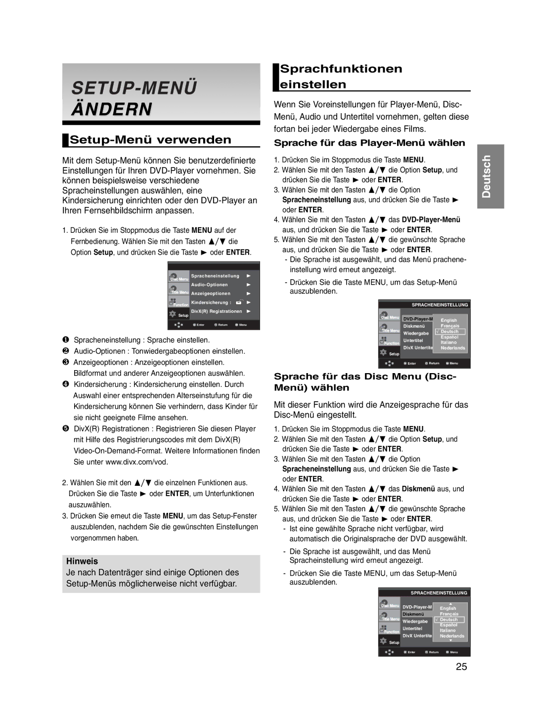 Samsung DVD-P560/XEL manual SETUP-MENÜ Ändern, Setup-Menü verwenden, Sprachfunktionen einstellen 