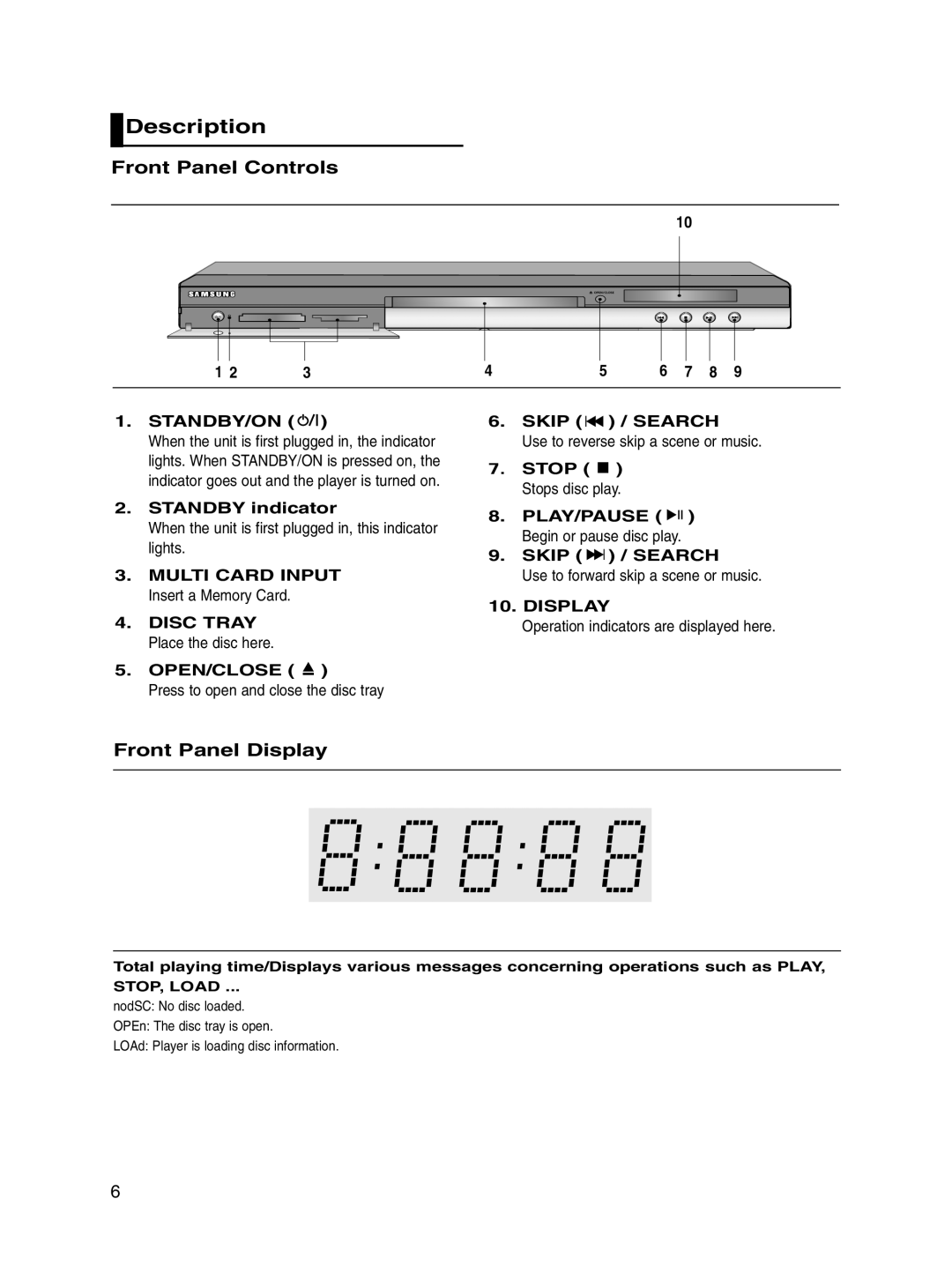 Samsung DVD-P560/XEL manual Description, Front Panel Controls, Front Panel Display 