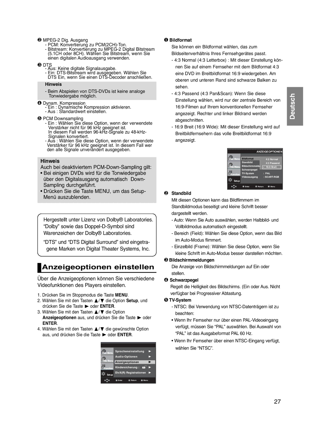 Samsung DVD-P560/XEL manual Anzeigeoptionen einstellen, Auch bei deaktiviertem PCM-Down-Sampling gilt 