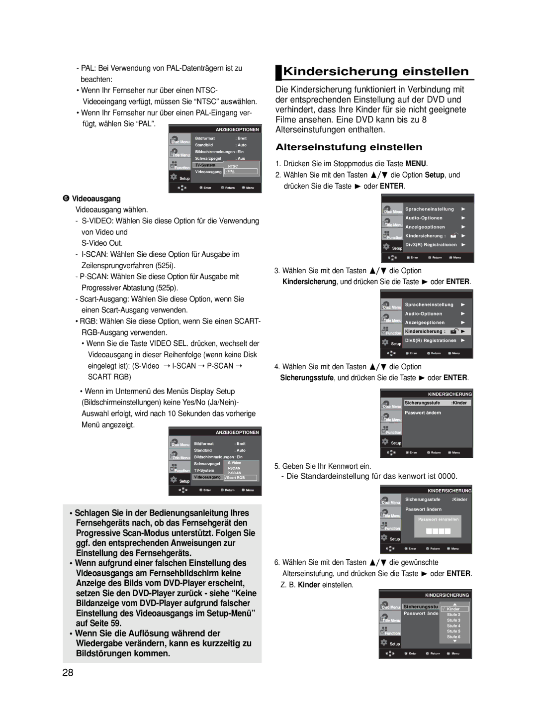 Samsung DVD-P560/XEL manual Kindersicherung einstellen, Alterseinstufung einstellen, ➏ Videoausgang Videoausgang wählen 