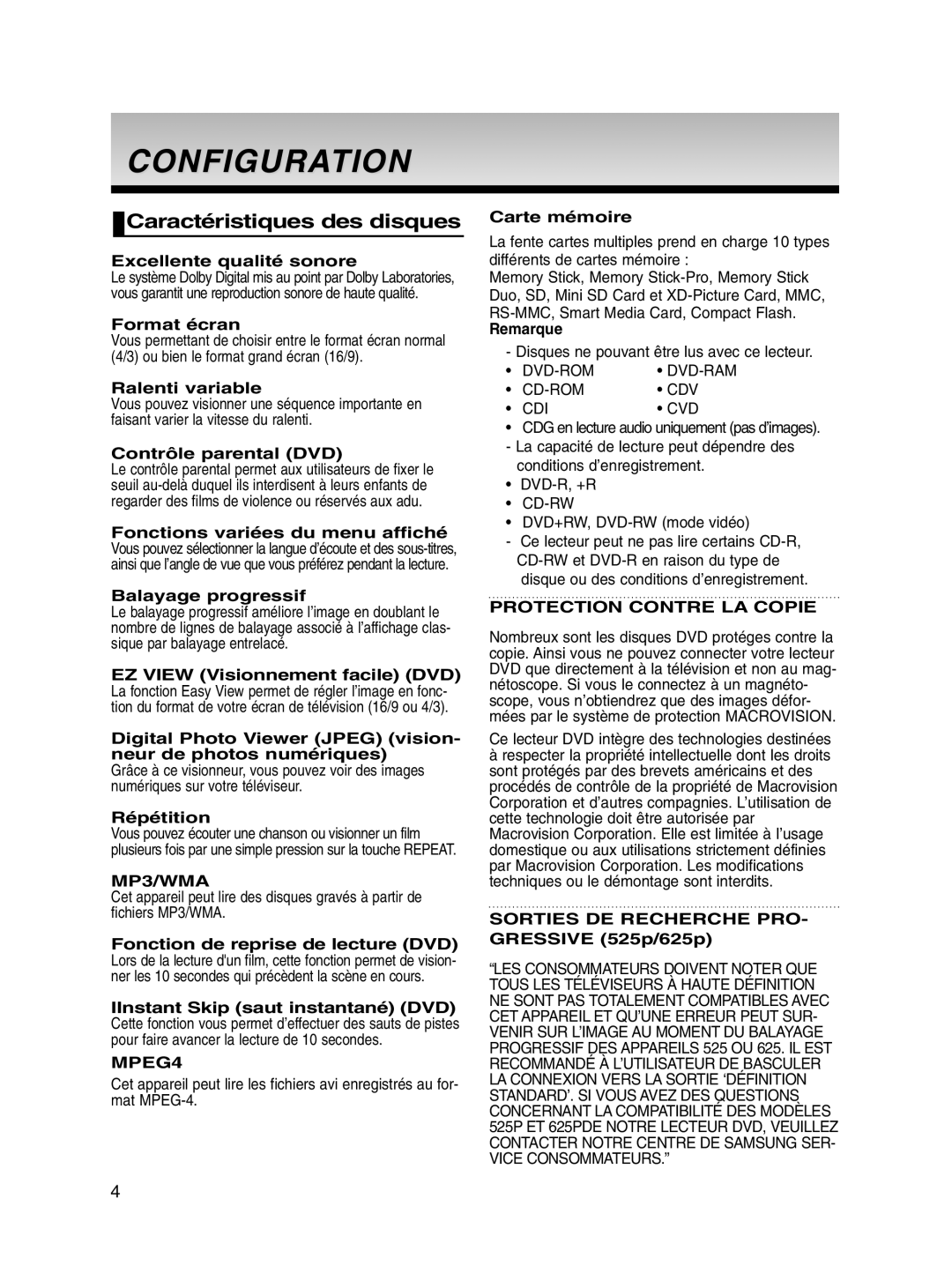 Samsung DVD-P560/XEL manual Configuration, Caractéristiques des disques, MPEG4, Protection Contre LA Copie 