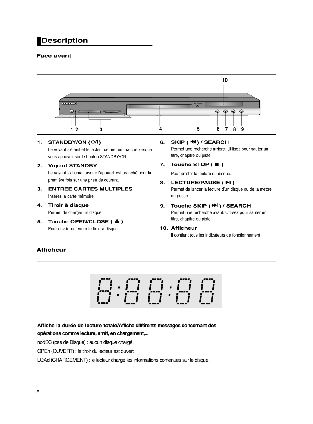 Samsung DVD-P560/XEL Face avant, Voyant Standby, Touche Stop Pour arrêter la lecture du disque LECTURE/PAUSE, Afficheur 