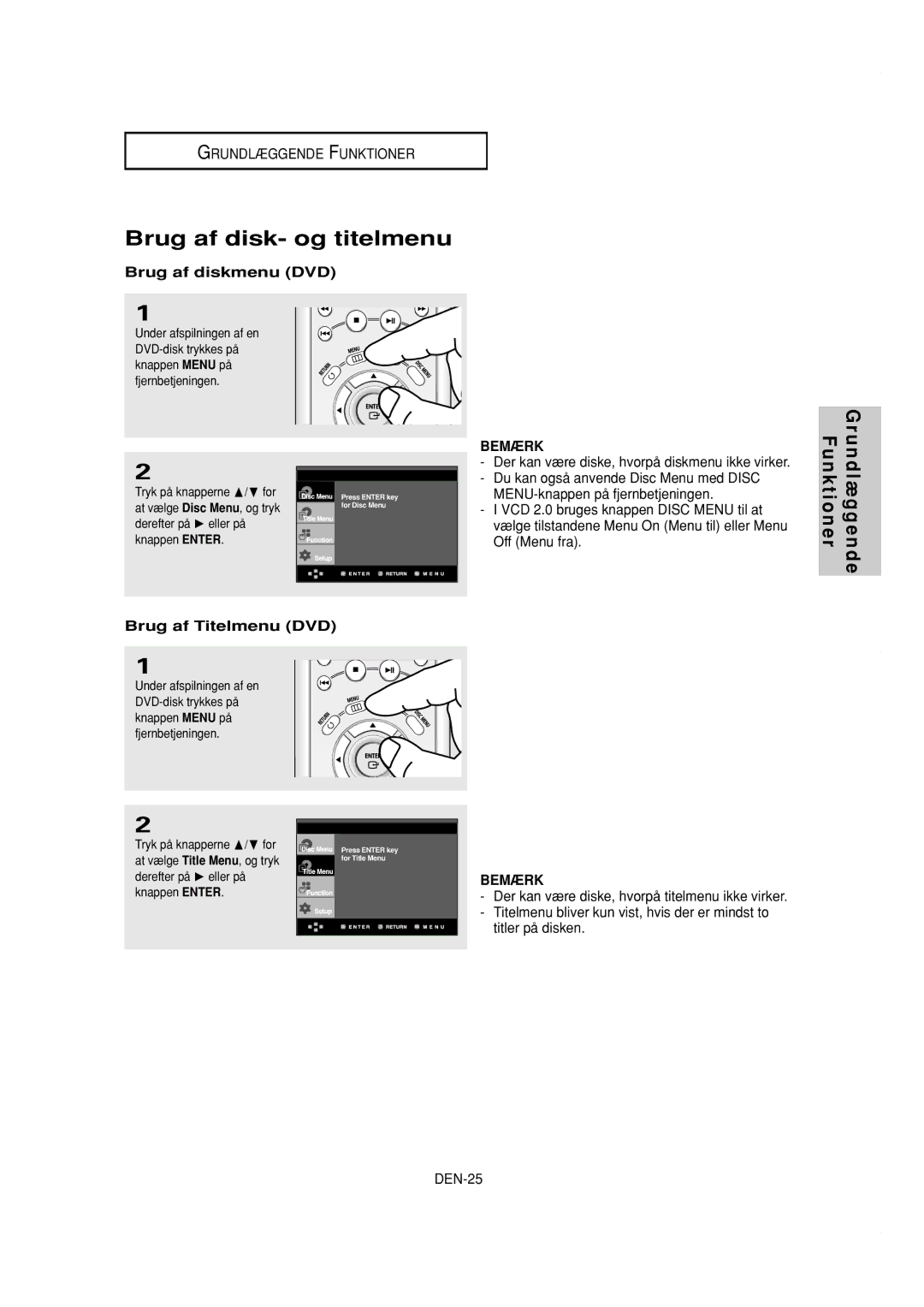 Samsung DVD-P650K/XEE manual Brug af disk- og titelmenu, Brug af diskmenu DVD, Brug af Titelmenu DVD 