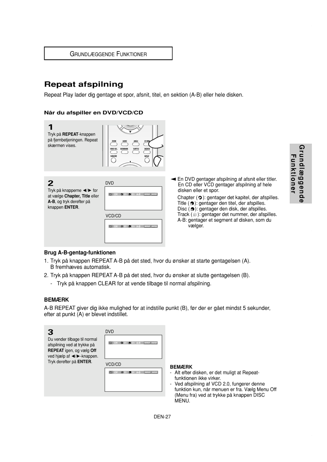 Samsung DVD-P650K/XEE manual Repeat afspilning, Brug A-B-gentag-funktionen, Når du afspiller en DVD/VCD/CD 