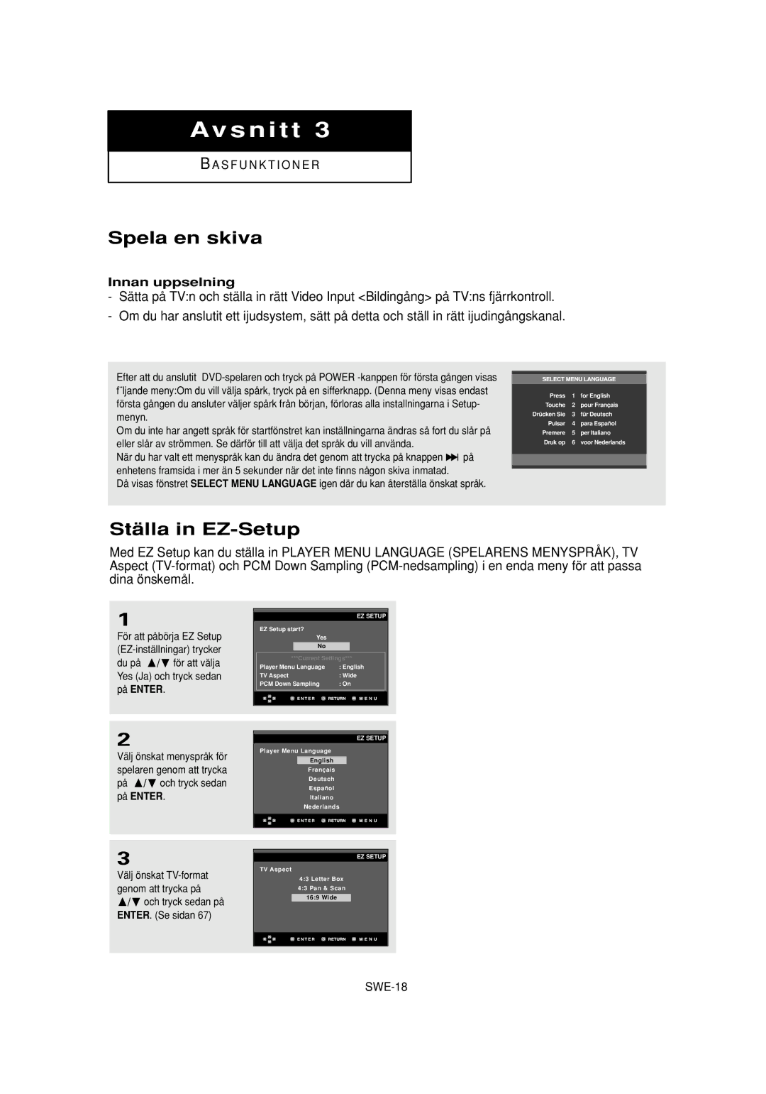 Samsung DVD-P650K/XEE manual Spela en skiva, Ställa in EZ-Setup, Innan uppselning 