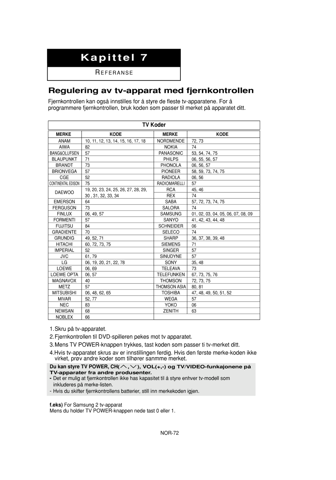 Samsung DVD-P650K/XEE manual Regulering av tv-apparat med fjernkontrollen, Merke Kode 