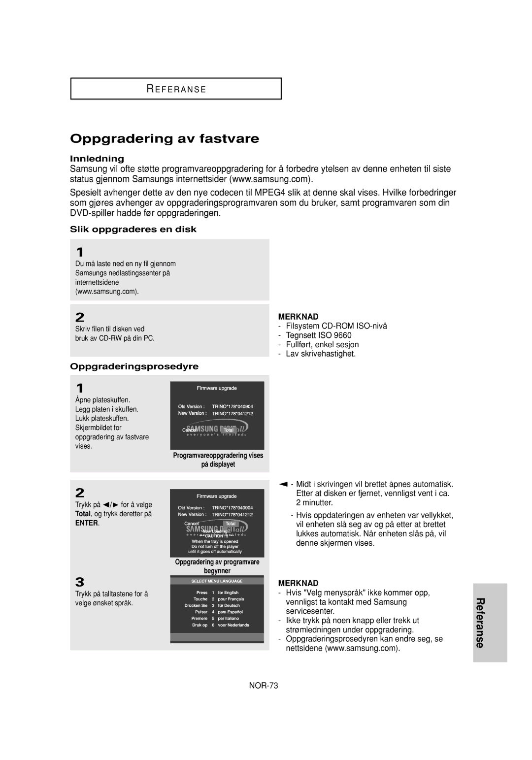 Samsung DVD-P650K/XEE manual Oppgradering av fastvare, Innledning, Slik oppgraderes en disk, Oppgraderingsprosedyre 