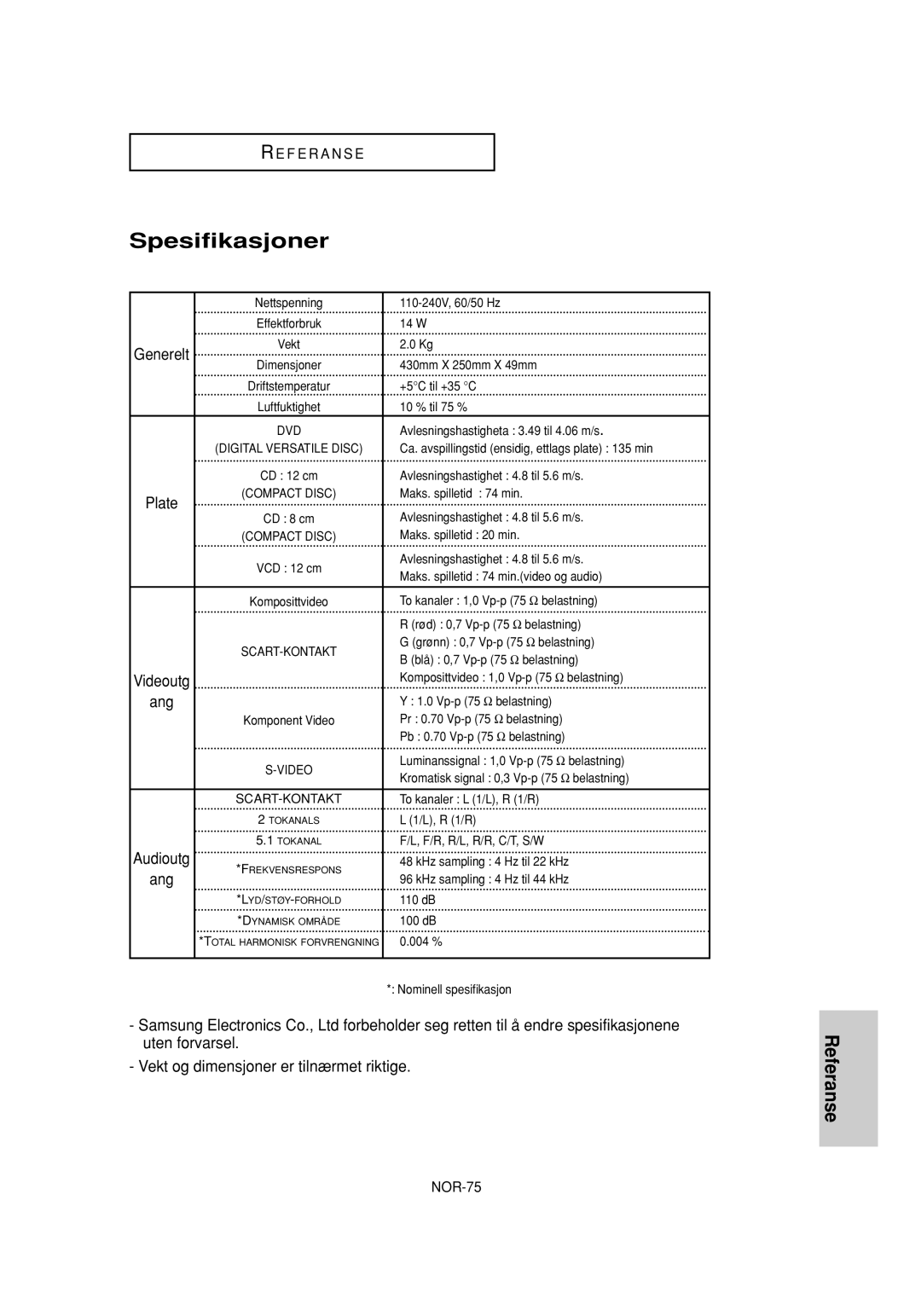 Samsung DVD-P650K/XEE manual Spesifikasjoner, Ang, Uten forvarsel, Vekt og dimensjoner er tilnærmet riktige 