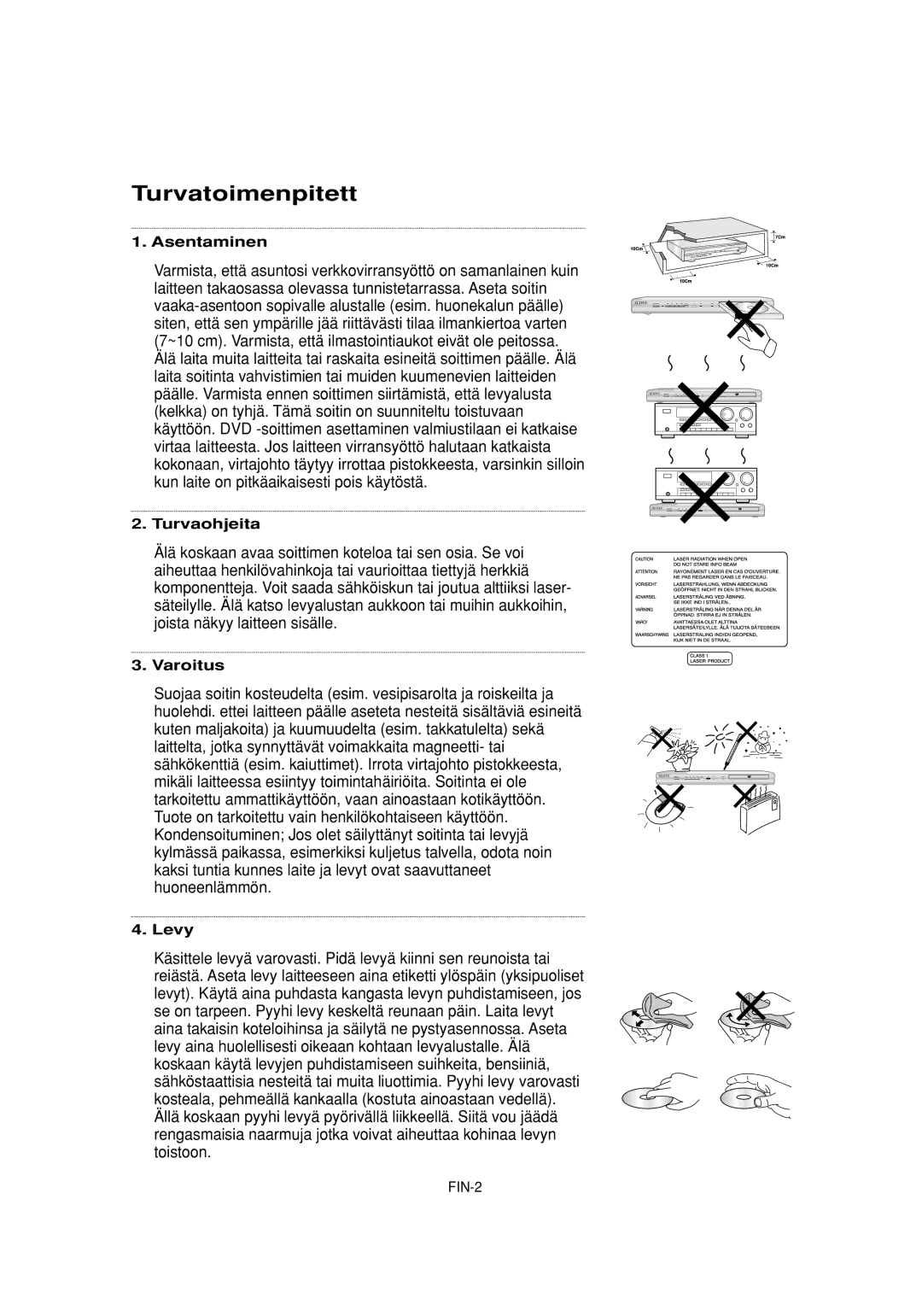 Samsung DVD-P650K/XEE manual Turvatoimenpitett, Asentaminen, Turvaohjeita, Varoitus, Levy 