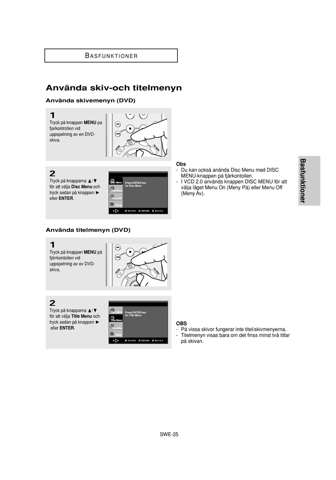 Samsung DVD-P650K/XEE manual Använda skiv-och titelmenyn, Använda skivemenyn DVD, Använda titelmenyn DVD 