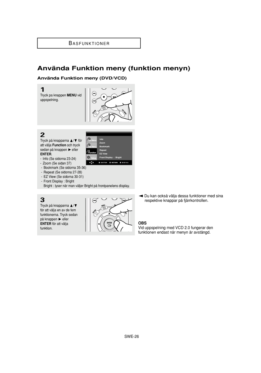 Samsung DVD-P650K/XEE manual Använda Funktion meny funktion menyn, Använda Funktion meny DVD/VCD 