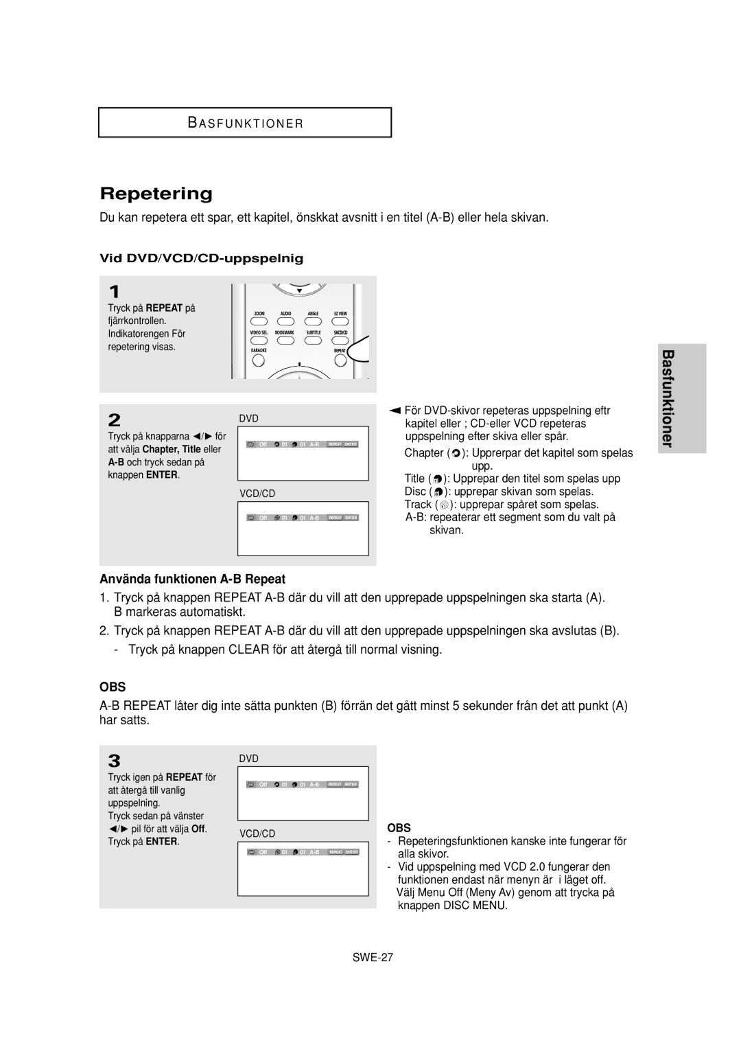 Samsung DVD-P650K/XEE manual Repetering, Använda funktionen A-B Repeat, Vid DVD/VCD/CD-uppspelnig 