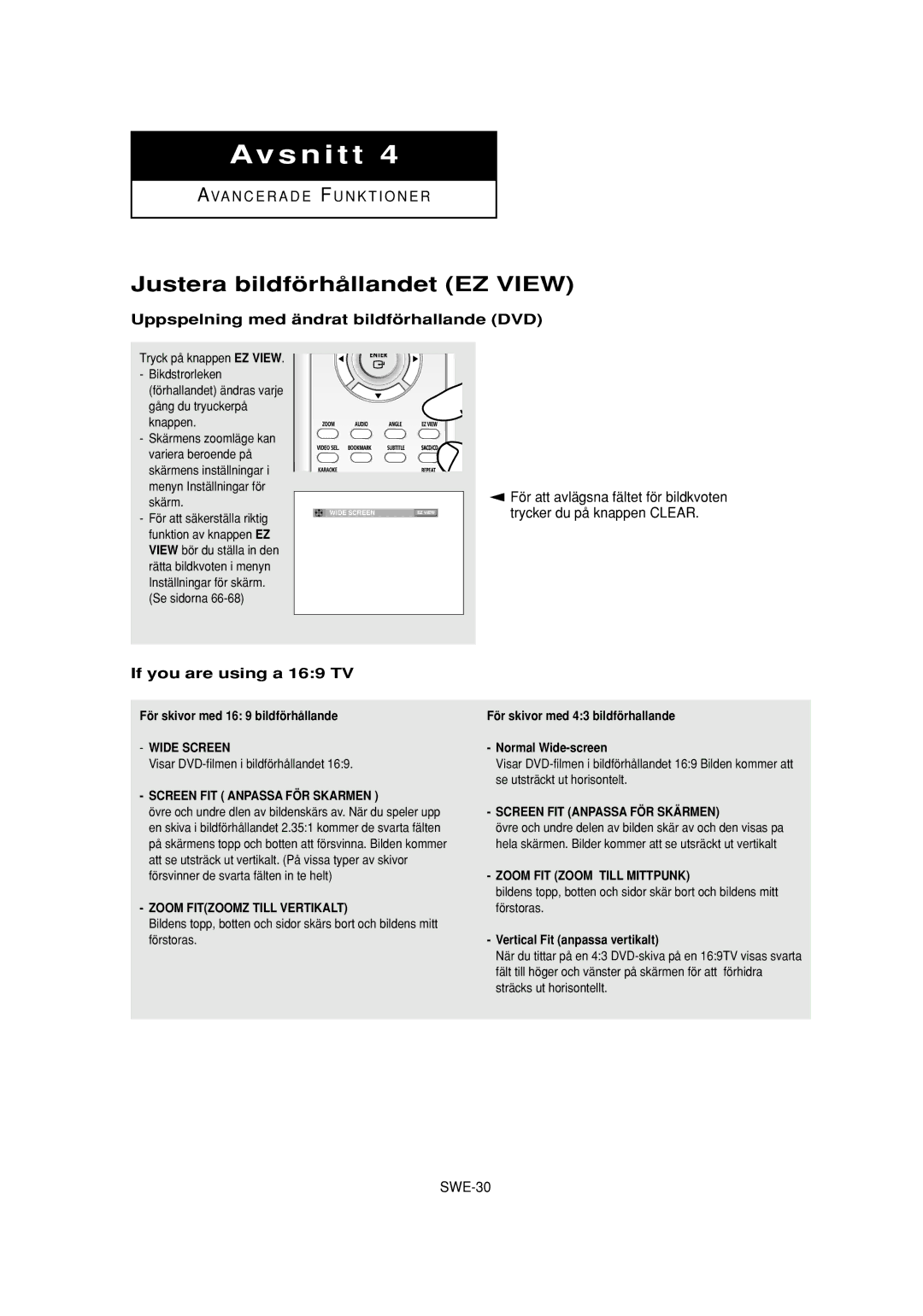 Samsung DVD-P650K/XEE manual Justera bildförhållandet EZ View, Uppspelning med ändrat bildförhallande DVD 