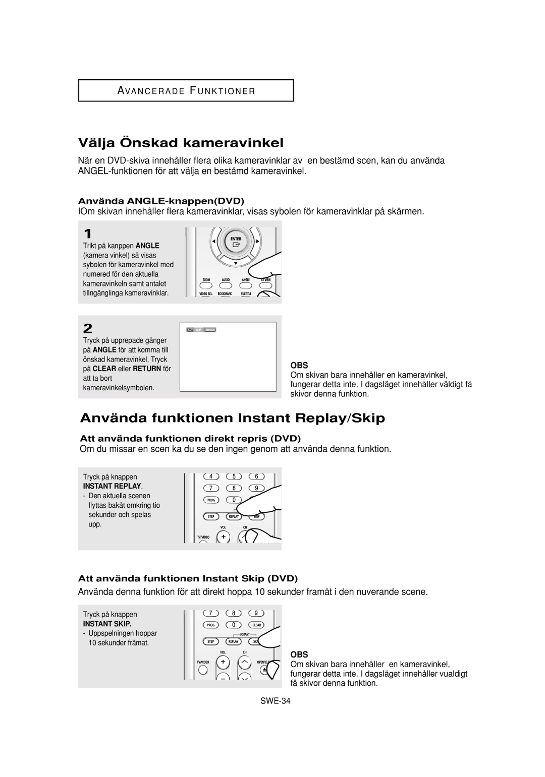 Samsung DVD-P650K/XEE manual Välja Önskad kameravinkel, Använda funktionen Instant Replay/Skip, Använda ANGLE-knappenDVD 