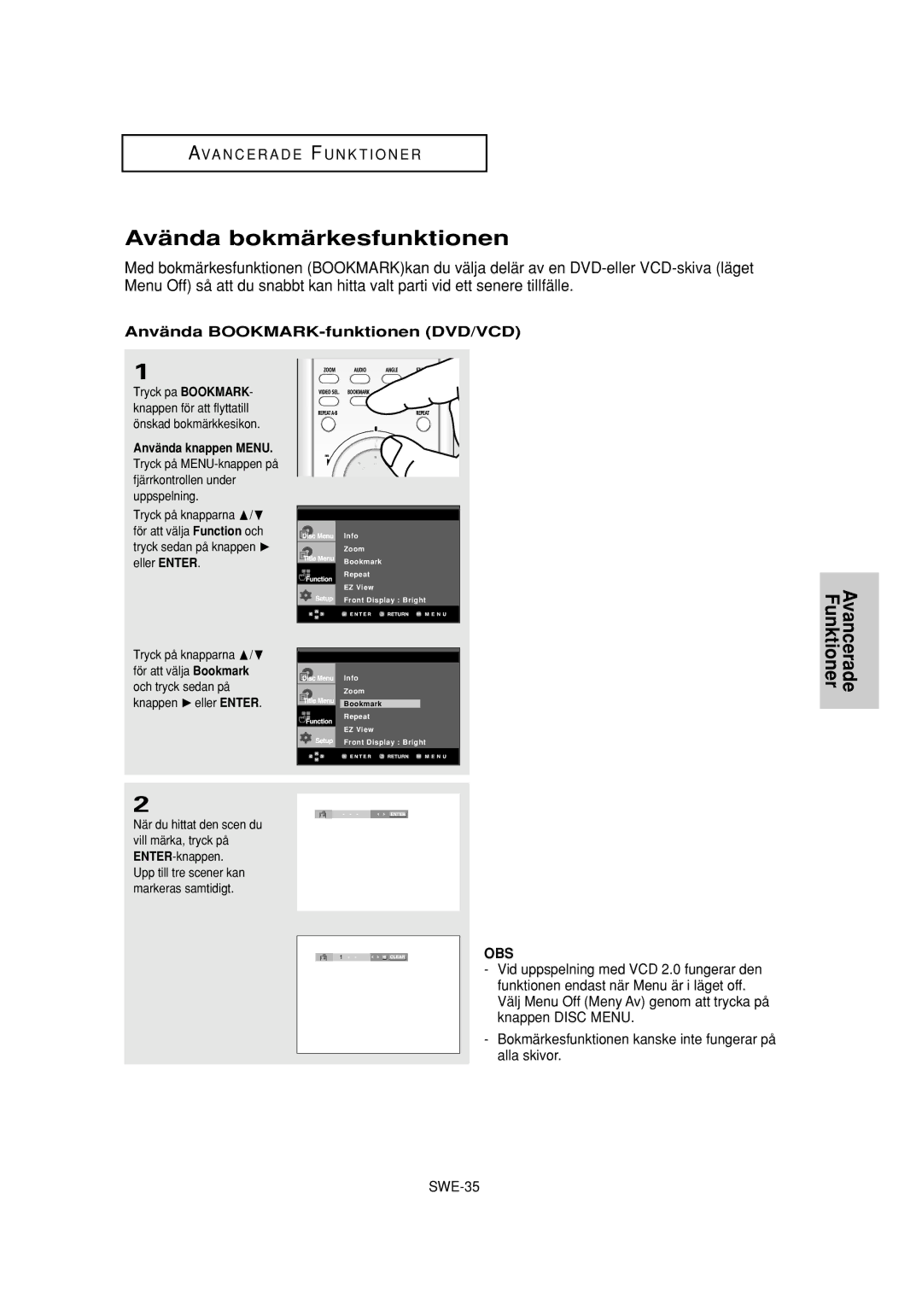 Samsung DVD-P650K/XEE manual Avända bokmärkesfunktionen, Använda BOOKMARK-funktionen DVD/VCD, Önskad bokmärkkesikon 