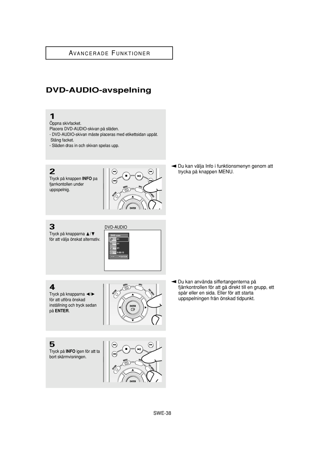 Samsung DVD-P650K/XEE manual DVD-AUDIO-avspelning, Tryck på knapparna $/ ❷ För att välja önskat alternativ 