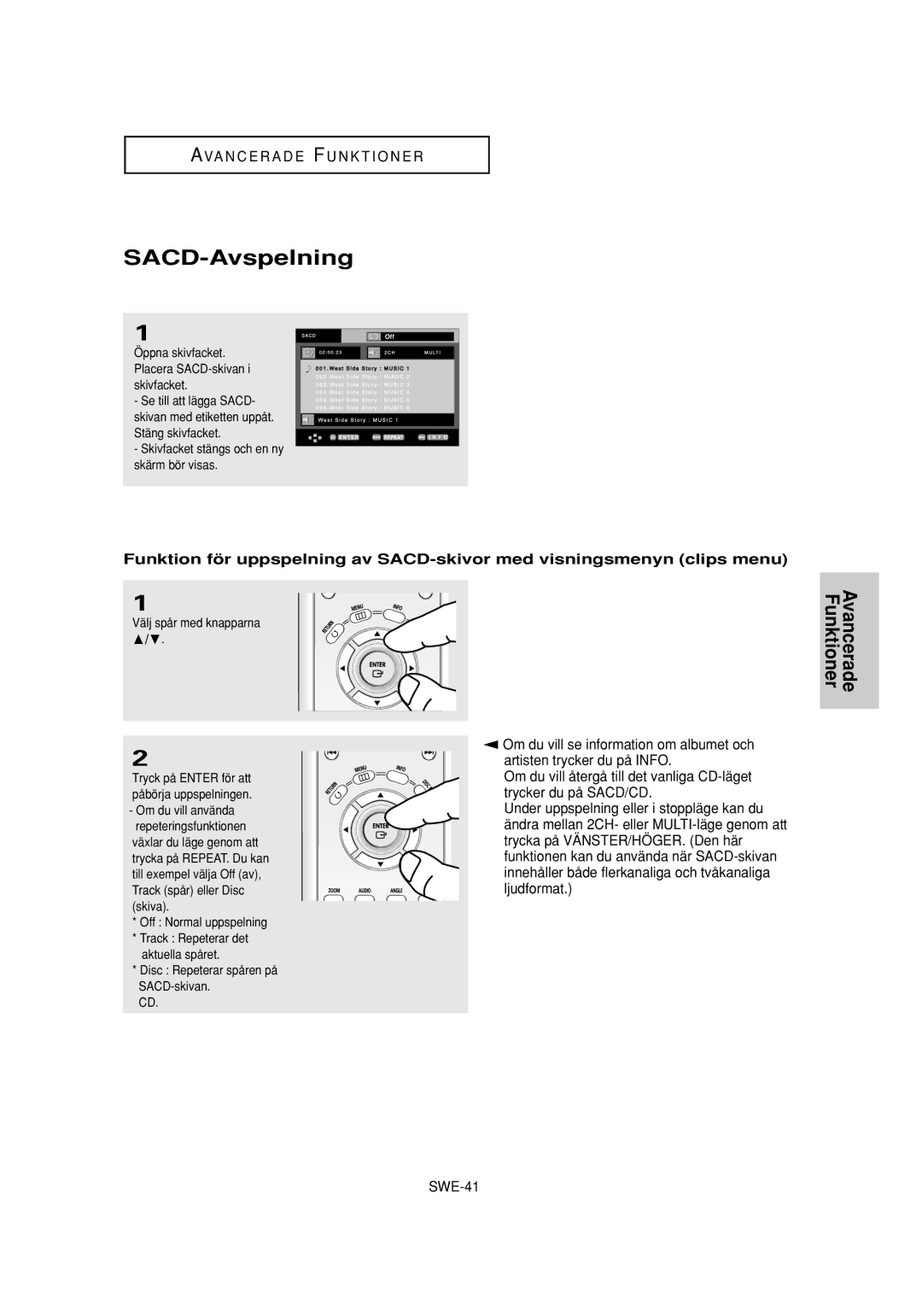 Samsung DVD-P650K/XEE manual SACD-Avspelning, Välj spår med knapparna $/❷ 