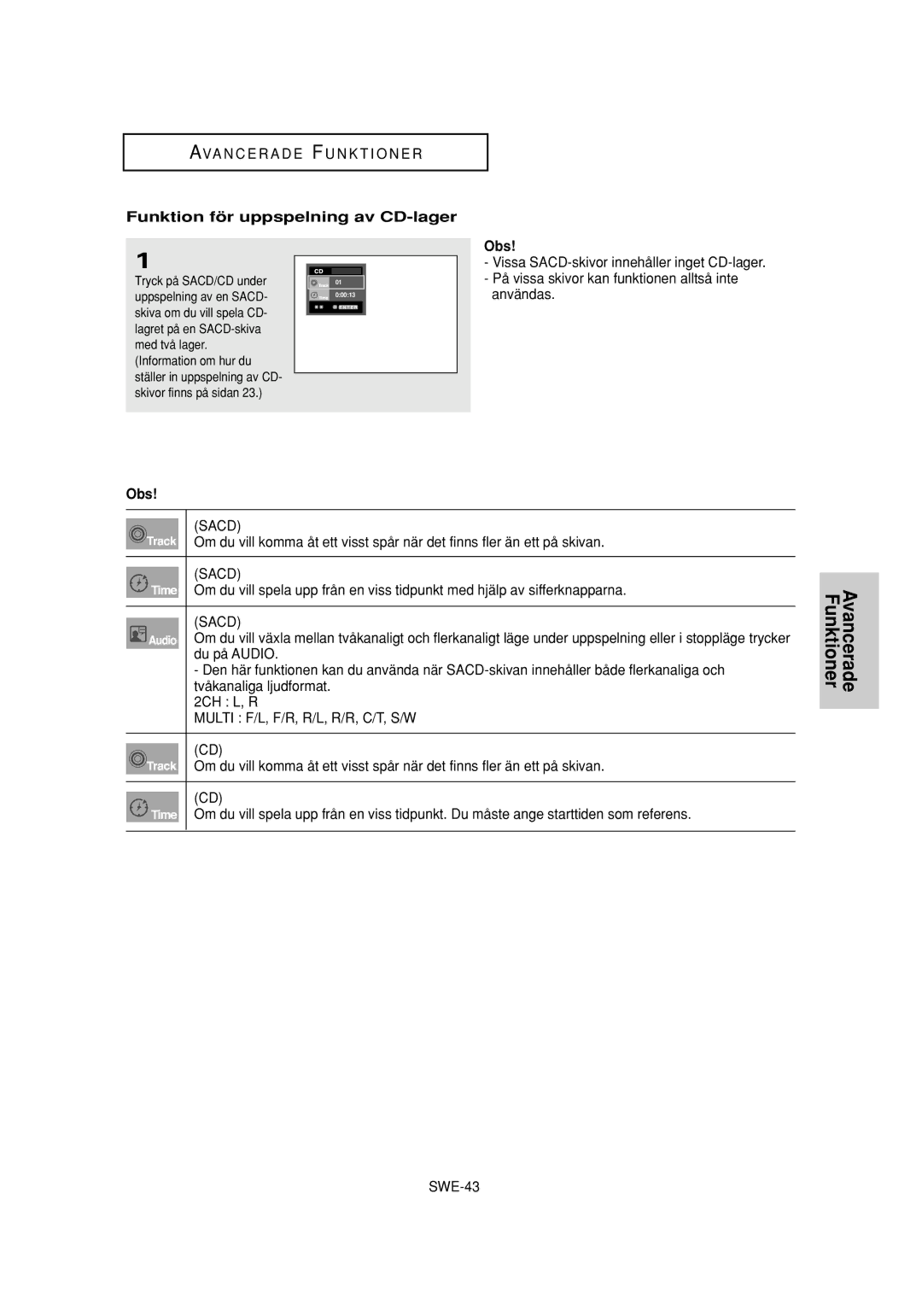 Samsung DVD-P650K/XEE manual Funktion för uppspelning av CD-lager, Tryck på SACD/CD under Uppspelning av en Sacd 