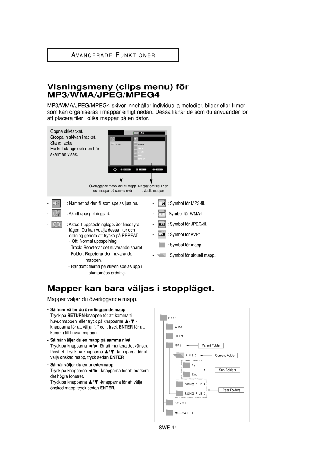 Samsung DVD-P650K/XEE Visningsmeny clips menu för, Mapper kan bara väljas i stoppläget, Mappar väljer du överliggande mapp 